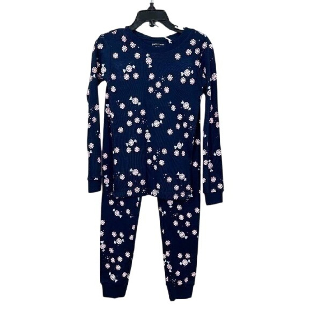 Petit Lem Holiday Long Sleeve Pajama Set Navy Blue Peppermint Candy Christmas